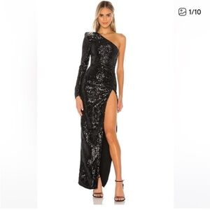 Michael Costello Revolve Terri gown Sequin One Shoulder Side Slit dress in black